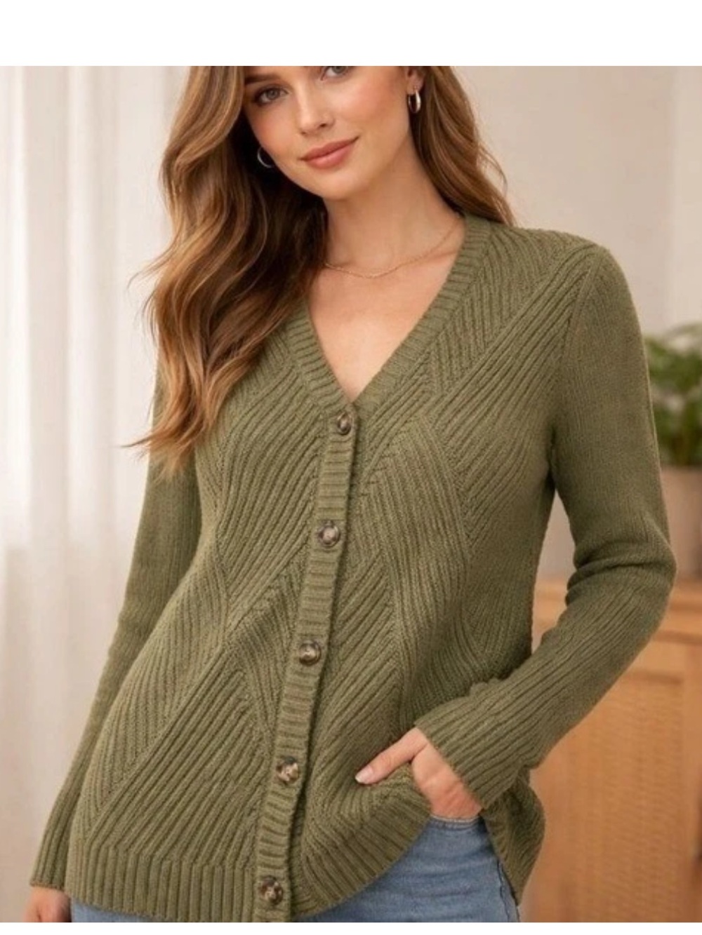 Cabi Aerial Cardigan #3536 Size S Olive Green Diagonal Ribbed Knit Long V-neck